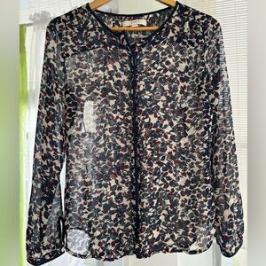 LOFT Navy and White Sheer Floral Blouse